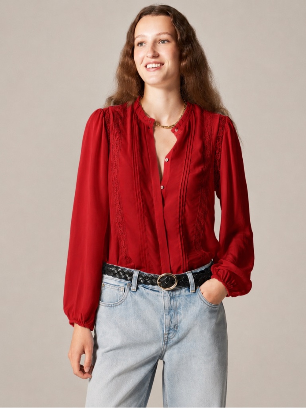 J. Crew Lace-trim pintuck top in crepe de chine in vintage ruby